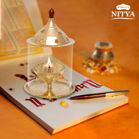 Shubhkart Nitya Brass Akhand Jyot Aaradhya Diya With Borosilicate Glass